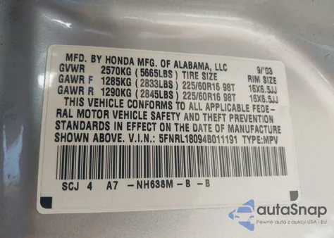 2004 Honda Odyssey Exl из США, поврежденный, VIN 5FNRL18094B011191